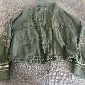 Free People Olive Green Cropped Utility Jacket with Embellished Sleeves
